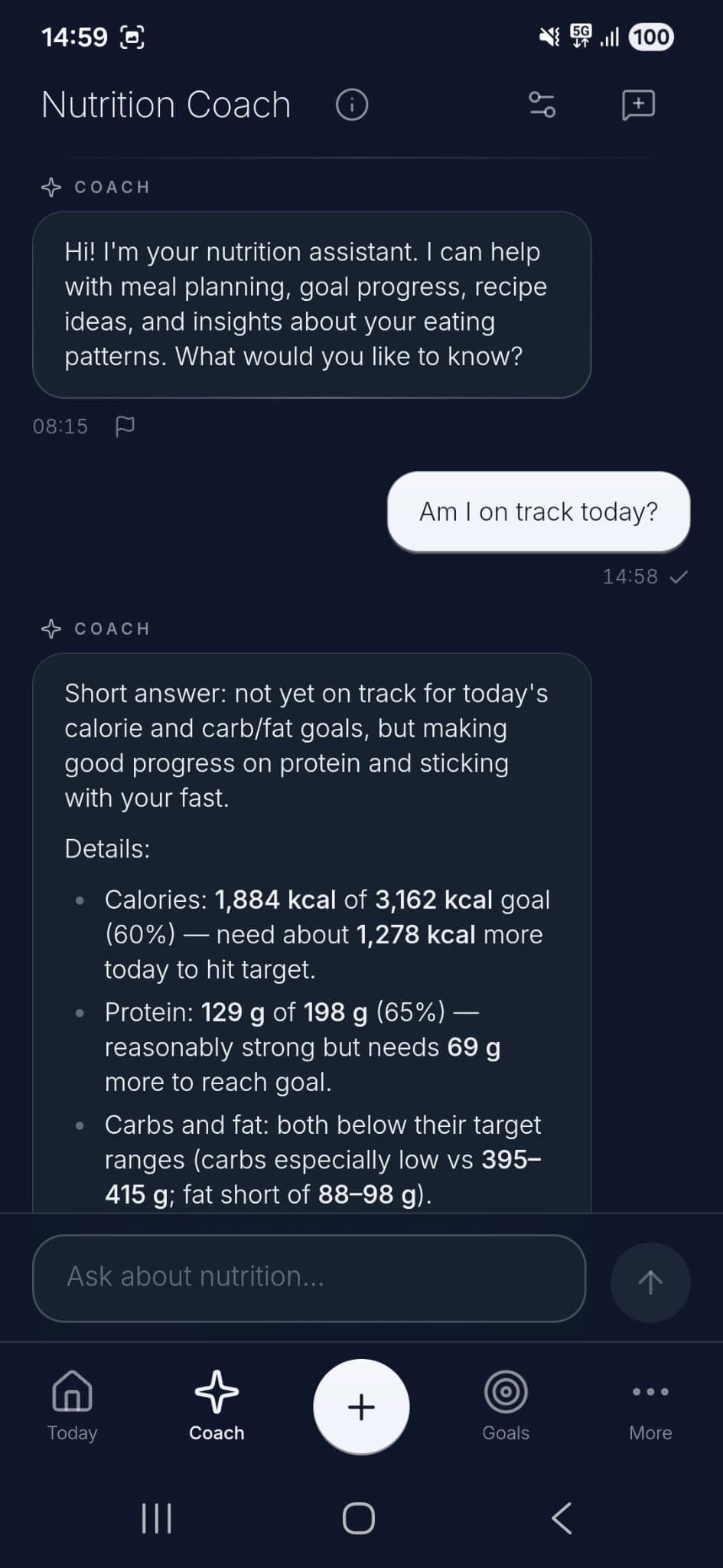 Nourli coach chat answering whether the user is on track today, with a calorie, protein, carb, and fat breakdown