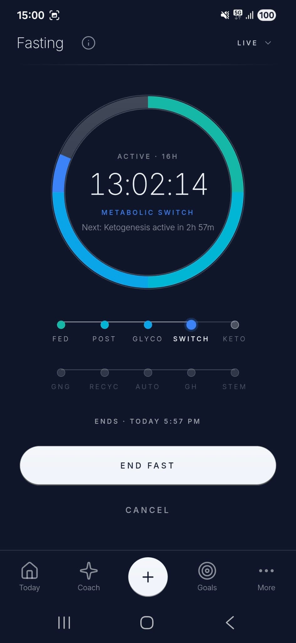 Nourli fasting timer showing an active fast with metabolic stage progress and remaining time