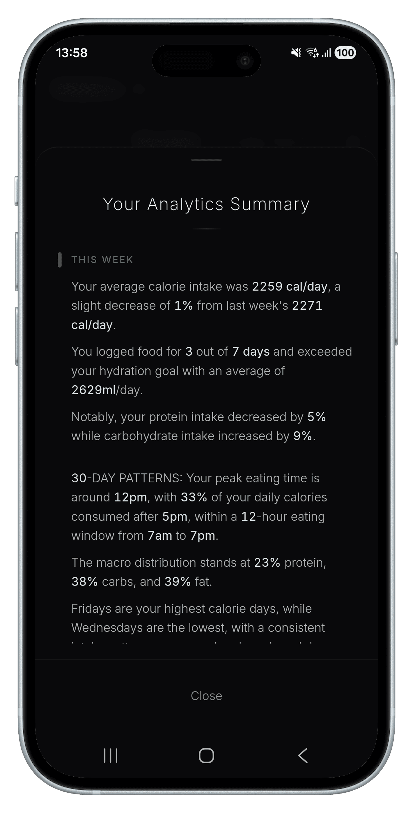 AI-generated analytics summary with pattern insights and recommendations