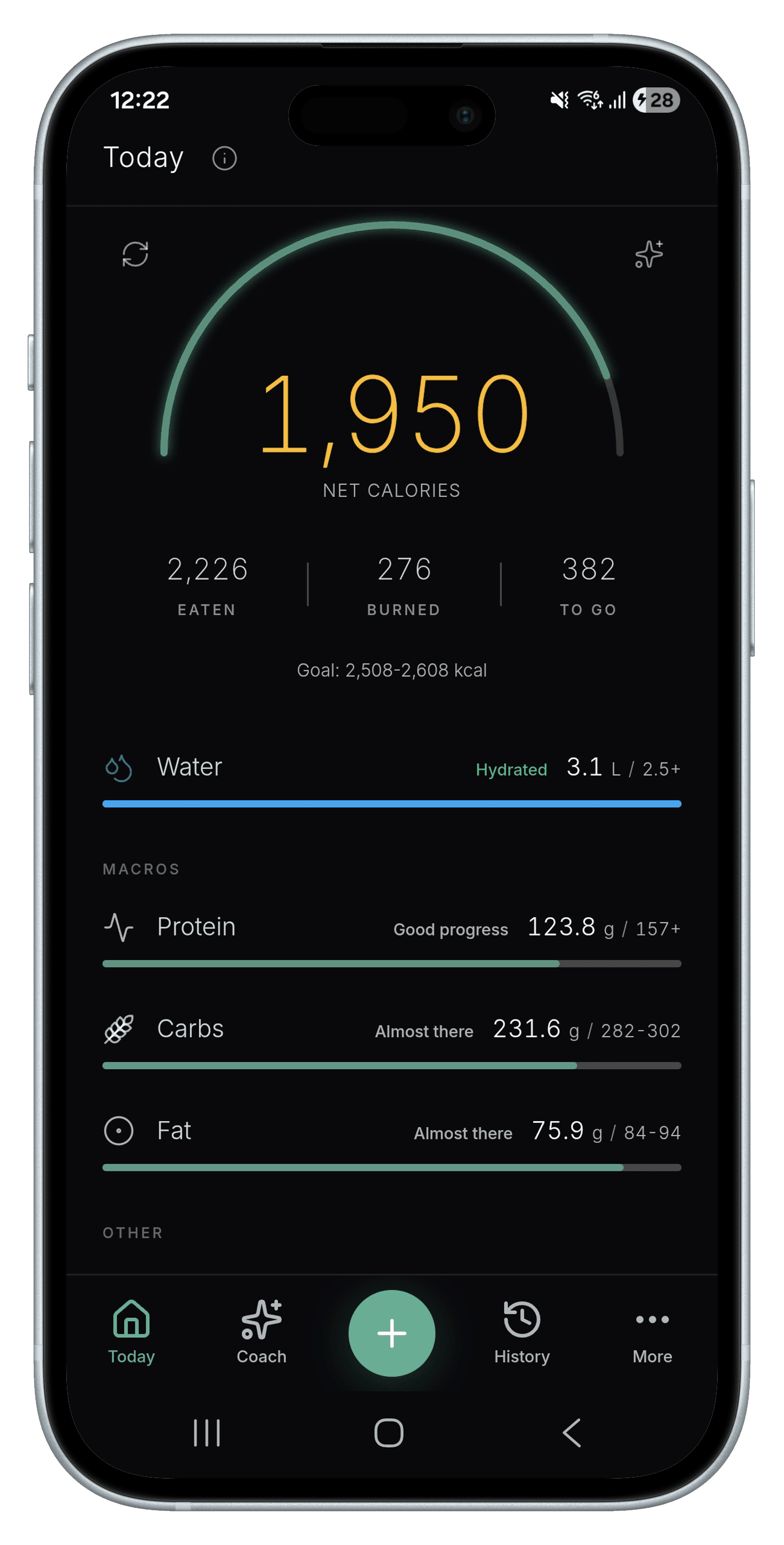 Nourli today screen showing daily calorie total, macro breakdown for protein, carbs, and fat, and a list of logged meals